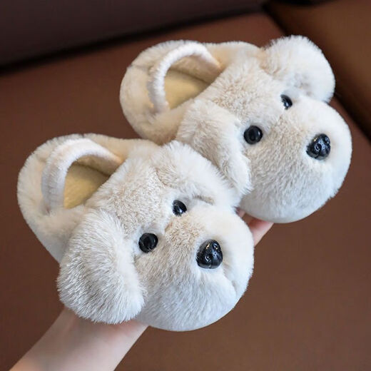 Xin Yueqing Children's Cotton Slippers Autumn and Winter Boys Indoor Household Shoes Girls Cartoon Warm Cotton Shoes Infants and Toddlers Fur Shoes Beige Dog (Full Heel Included) 22-23 Size 14 Inner Length 13.5cm 1.5-2 Years Old