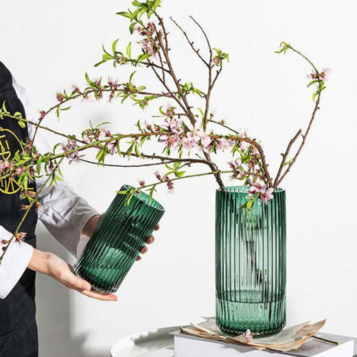 Shengshi Taibao glass vase transparent Roman column style large vase living room hotel light luxury decorative ornaments dark night green 25cm