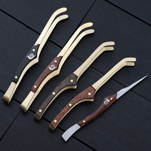 Zixiangtang stainless steel tea clip, Damascus leather curved clip, carved copper tea tweezers, tea set, metal tea cup clip, tea ceremony accessories, ebony tea clip