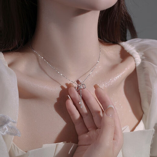 Chaoyu S925 Silver Bow Necklace Feminine Simple Clavicle Chain Small Fresh Forest Style Tassel Necklace Valentine's Day Gift French Bow Necklace