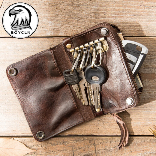 
BOYCLN brand men's genuine leather key bag, large capacity card bag for women, cowhide car remote control key bag waist hanging bag, dark brown