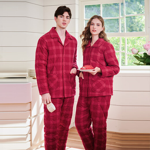 American Standard gift couple's pajamas for women, thickened and warm, three-layer quilted, can be worn outside, red plaid suit, home clothes, cherry red (men) L