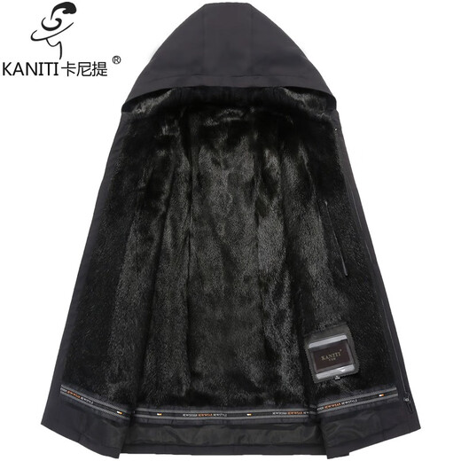 Caniti mink lining men's coat real mink fur one-piece mid-length hooded parka with rex rabbit sleeves middle-aged dad style black XL