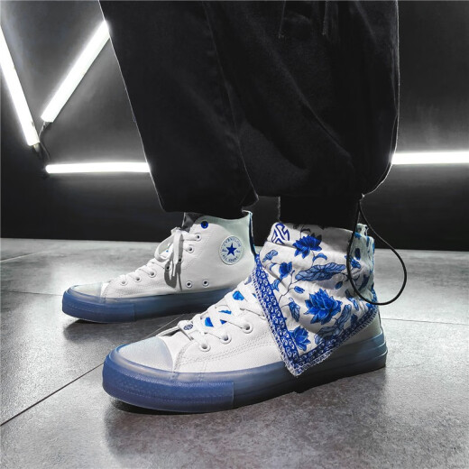 TYOY canvas shoes men's high-top Hong Kong style blue and white porcelain breathable student ins Internet celebrity casual men's canvas shoes teenagers men's shoes cloth shoes trendy shoes white blue and white porcelain 36