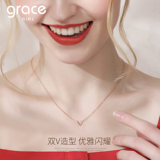 Grace Girl 18k gold w letter necklace for women light luxury fashion rose gold diamond pendant color gold temperament gift for girlfriend’s birthday 18k gold-w letter diamond necklace + fantasy