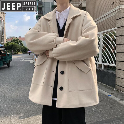 JEEP Men's Casual Windbreaker Spring and Autumn British Style Short Woolen Jacket Trendy Men Youth Loose and Handsome Brand Men's Clothing Black XL Follow the store for priority delivery
