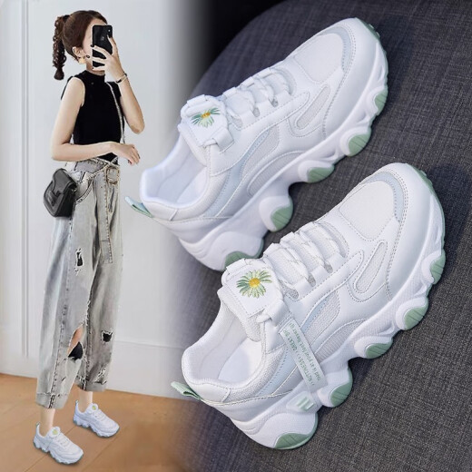 Women's shoes winter warm inner heightening white shoes women's new dad shoes INS trend Internet celebrity sports shoes fashion four seasons sneakers students Korean version flat casual shoes LD-KT506 green (double mesh) 37