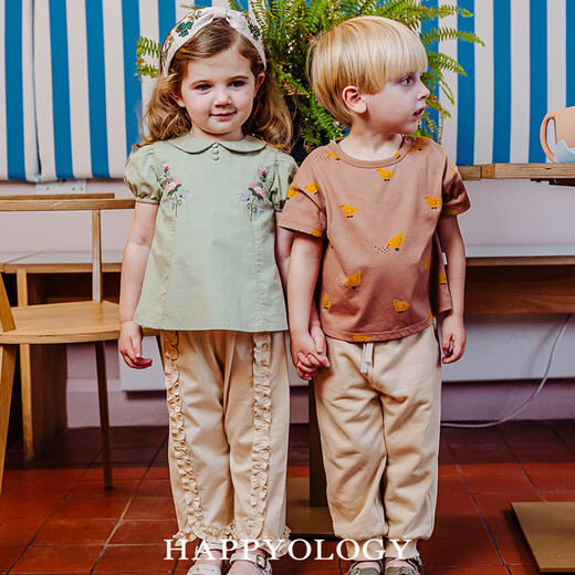 Happyology British children's princess embroidered girls' top lapel short-sleeved spring and summer shirt mango yellow 104 (104cm)