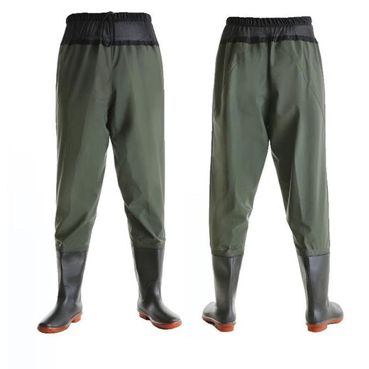 Baijie (BJ) waders, half-length waterproof pants, fish pants, rain pants, men's waist-high water boots, leather forked pants, fishing pants, 85 silk military green (with insole + leather + glue) 40