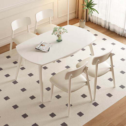 Pashaman Dining Table Rock Slab Retractable Dining Table Household French Cream Foldable Square Round Dual-purpose Dining Table 1908Y Telescopic Dining Table 1.3 meters + 4 chairs 6195Y Matte Pure White Rock Slab