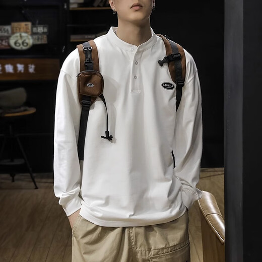 Jeanswest autumn and winter pure cotton long-sleeved T-shirt men's tops autumn clothes sweatshirts loose inner layering shirts men's Henry collar white L suitable for 130-145 Jin Jin equals 0.5 kg