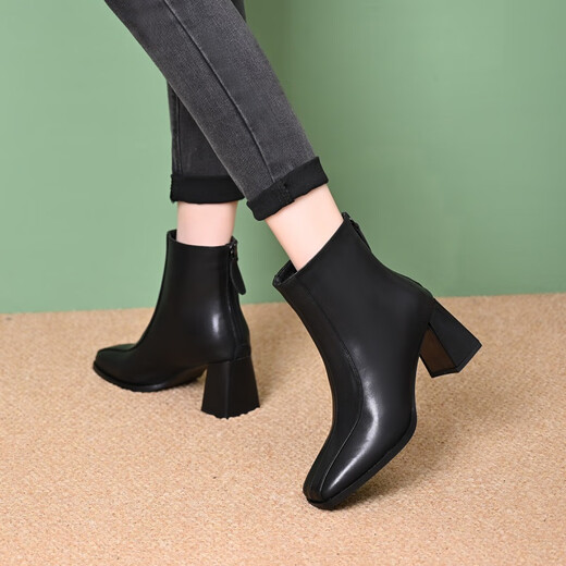 Belle-Ta series brand broken square toe high heel short boots for women 2024 new autumn and winter thick heel genuine leather women's shoes soft leather nude brown 4 cm-single 37