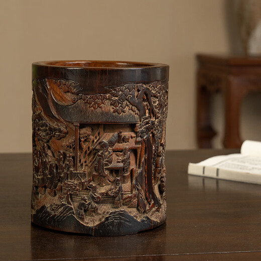 YARAN CULTURE清代竹雕文人雅集笔筒老物件古玩收藏真品竹制艺术品中式装饰摆件 14.3×14.7×16.6 1098-68