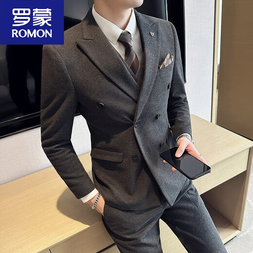 ROMON woolen suit men's suit double-breasted autumn and winter thickened warm jacket handsome wedding banquet dress men's fashion gray suit trousers 5XL 175185Jin Jin equals 0.5 kg