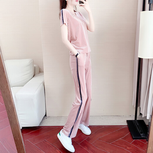 OYZ Hong Kong trendy brand short-sleeved suit for women summer new loose slimming fashionable casual V-neck wide-leg pants two-piece set trendy pink L