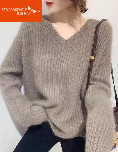 Red Dragonfly Knitted Sweater Women's Loose Thick Sweater Women's Long Sleeve Autumn and Winter New V-neck Bottoming Women's Top Jacket Camel One Size
