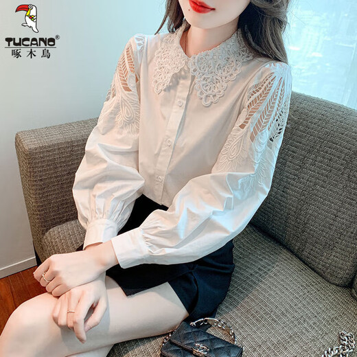 Woodpecker embroidered cotton shirt for women 2025 spring new fashion embroidered age-reducing shirt loose and versatile long-sleeved top CY9227 White XL Recommended 121-130Jin Jin equals 0.5kg