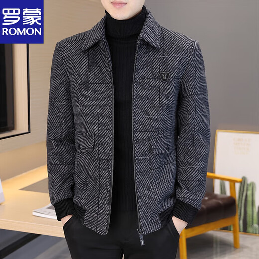 ROMON woolen woolen jacket men's short autumn and winter new lapel woolen men's thickened warm casual jacket gray H856 M90-115Jin Jin equals 0.5 kg