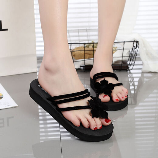 Kaiji Rui flip flip flops for women in summer wear fashionable heel thick-soled sandals foot-clip slippers student Korean version non-slip sandals for women 829-1 medium heel black 35 small size