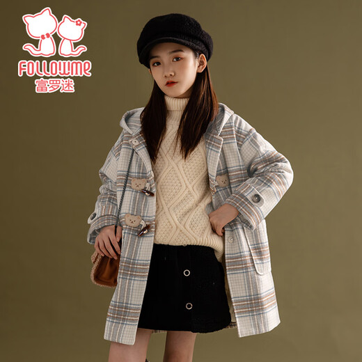 Fuluo Mi Girls' Woolen Coat Winter Padded Warm Children's Horn Button Hooded Jacket Apricot Check 150cm