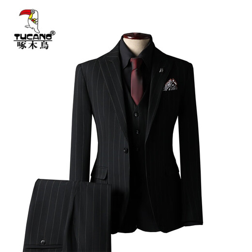 Woodpecker (TUCANO) Striped Suit Men's Full Groom's Suit British Style Groomsmen's Clothes Business Formal Wedding Suit Men's Black (Suit+Vest+Trousers) XL 52 (125-135Jin Jin equals 0.5kg)
