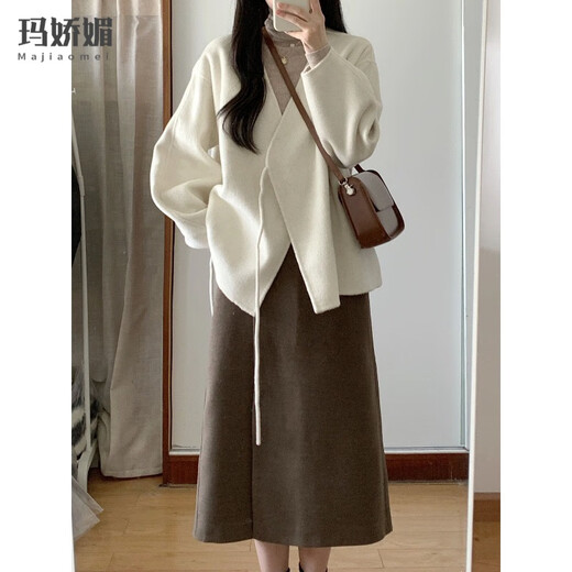 Majiaomei dress women's suit 2025 new autumn and winter clothing with a complete set of versatile jacket, bottoming shirt and skirt for women, apricot coat + apricot bottoming shirt + coffee skirt M