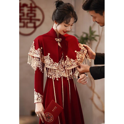 QIANSUIHONG 2025 New Chinese Style Cheongsam Toast Wear Bridal Red Tassel Shawl Wedding Engagement Dress Evening Dress Women LDS Ankola Burgundy Long Sleeve XL