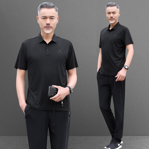 昇域中老年人运动服套装男夏季冰丝短袖长裤休闲中年男士爸爸夏装套装 756款黑色 XL 【建议体重126-140斤】