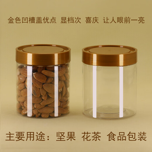 XMSJ Runde quadratische Plastik Plastik versiegeltes Glas transparente Lebensmittel leere Plastikflasche Nuss Keks Blume Tee getrocknete Früchte Verpackung Aufbewahrungsglas 86*12044g + Gold gerillt