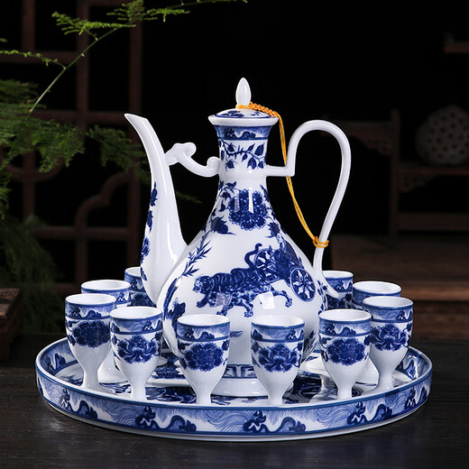 Xihe Yinyao Xihetang Jingdezhen Ceramic Wine Set Liquor Goblet Spirit Cup Blue and White Flask Set Wine Cup Tangle Lotus Style (1 Pot, 10 Cups, 1 Tray)