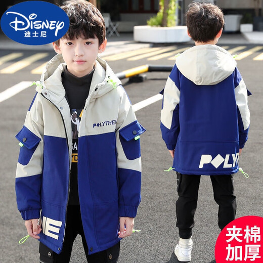 Disney (Disney) Boys Autumn and Winter Jackets 2025 New Children's Mid-Length Windbreaker Casual and Fashionable Velvet Thickened Big Children's Cotton Clothes Blue New Windbreaker Plus Velvet Thickened 160 Recommended Height Around 145-155 cm