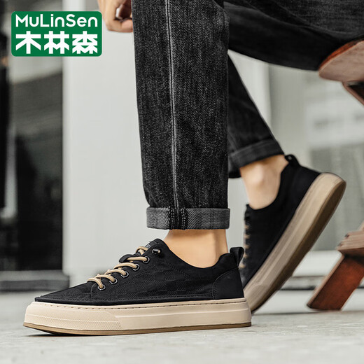 Mulinsen (Mulinsen) Brand Herrenschuhe 2025 Frühlings- und Sommer-Mode-Trend-Leinwandschuhe weiche Sohle-Kee-Resistante Brettschuhe atmungsaktive Freizeitschuhe Herrenschwarz (Markenschuhe für Männer) 41