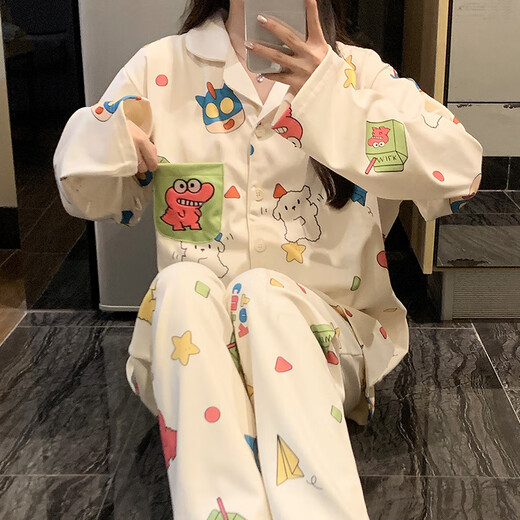 Yu Zhaolin pajamas for women spring and autumn long-sleeved cartoon style student ladies cute pocket soft lapel cardigan home wear set