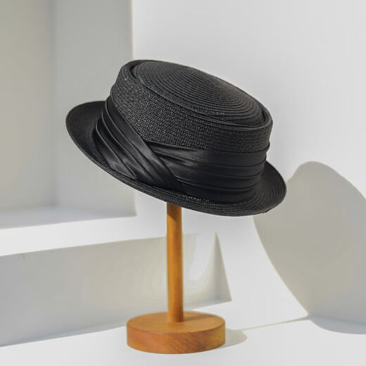 Gongbaicao elegant top hat French flat top hat spring and summer concave top rolled straw hat women's sun hat black hat 55-58cm adjustable