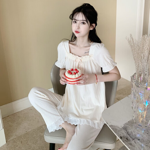 Shimba Rabbit Pyjamas à trois pièces pour femmes pour un pantalon à manches courtes en dentelle de style princesse à l'aspect haute de style princesse SYQM-J869 M BLANC M (Recommandé 80-100 Jin [Jin est égal à 0,5 kg]))