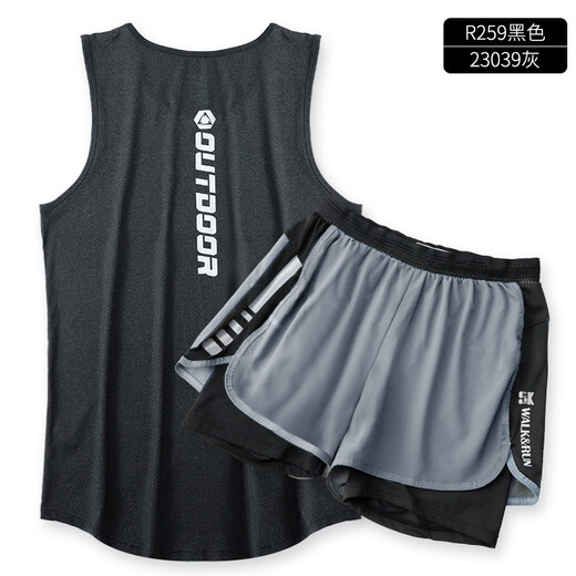步锐特健身衣服男田径马拉松运动套装夏季篮球训练短裤速干背心跑步装备  ZC259暗影黑色+23039灰色套装 XL(120-140)斤