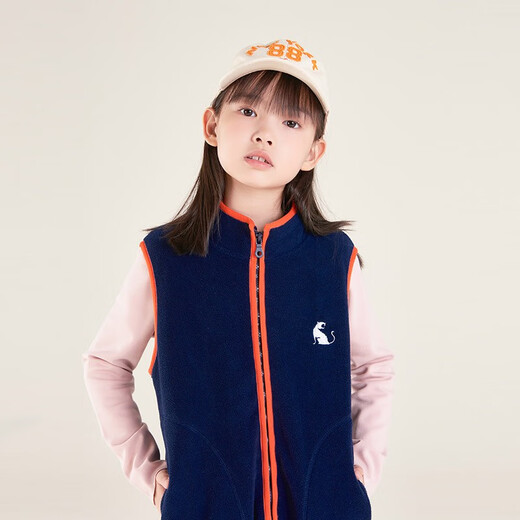 EUV Children's Vest Spring and Autumn Boys' Velvet Vest Jacket Girls' Warm Vest Medium and Large Children's Polar Fleece Vest Navy Blue (Orange) 160