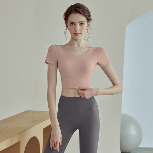 Youyou yoga clothes for women with chest pads, sports Pilates short-sleeved tops and headbands, two-piece set J32030DY apricot M