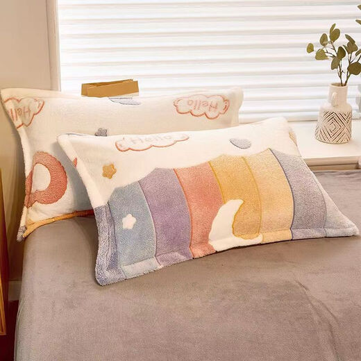 法兰格慕冬季加绒枕套单个48cmx74cm珊瑚牛奶水晶法兰绒毛绒面枕头一对装 彩虹梦境【一对装】雪花绒枕套/ 48cmX74cm