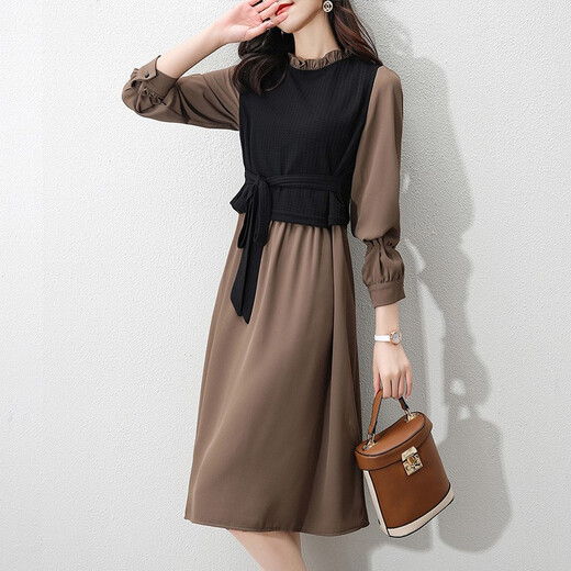 Shanidoluo large size women's clothing fat sister spring and autumn style slimming medium length fake two-piece fat mm belly-covering chiffon dress 16788 khaki 5XL recommended 180-200 Jin [Jin equals 0.5 kg] to wear