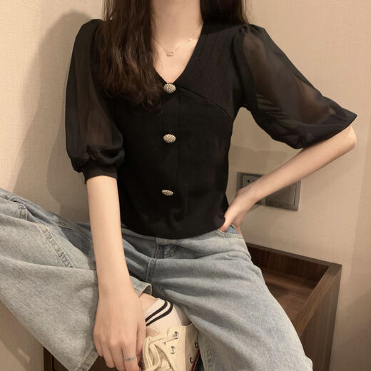 
Light and Red 2025 summer new ice silk chiffon spliced ​​V-neck short-sleeved sweater lady thin base shirt short top MCL 3523 white one size (70-125Jin [Jin equals 0.5 kg] can be worn)