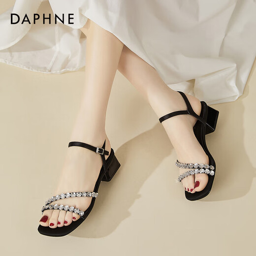 达芙妮（DAPHNE）鱼嘴凉鞋女2024夏季新款水钻一字带外穿凉鞋女露趾粗跟百搭女鞋子 黑色 34