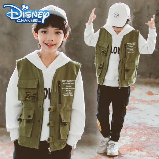 迪士尼（Disney）男童工装风马甲秋装2024新款儿童洋气背心中大童男孩韩版马夹外套 黑色 160cm
