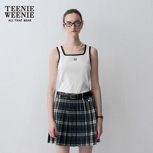 Teenie Weenie Bear Women's Summer Casual Fashion Contrast Color Wide U-neck Knitted Vest T-shirt Base Shirt White S