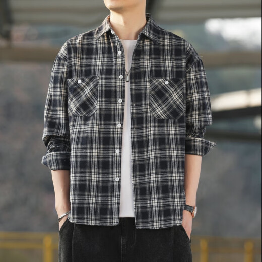 
Retro plaid long-sleeved shirt for men and women in spring and autumn 2024 new loose Korean work shirt jacket K12301 black + K12109 khaki 3XL