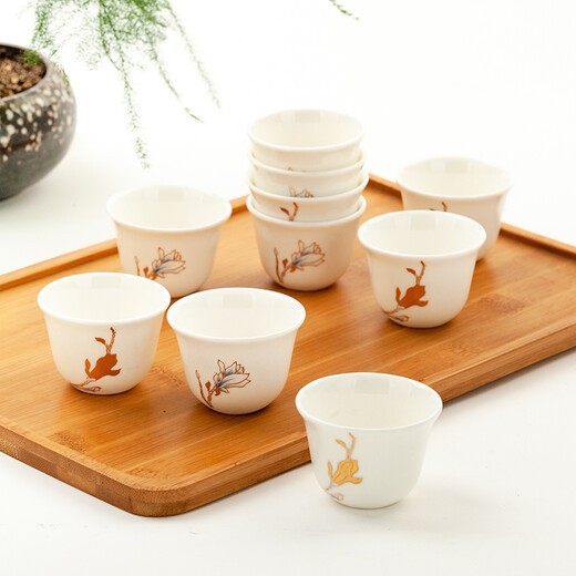 Jinlan Jade Tangshan Bone China 2-inch shot glass mini spirit cup Magnolia wine set 40ml rice wine cup Kung Fu tea cup Magnolia Blossom - Magnolia wine glass 10 pieces