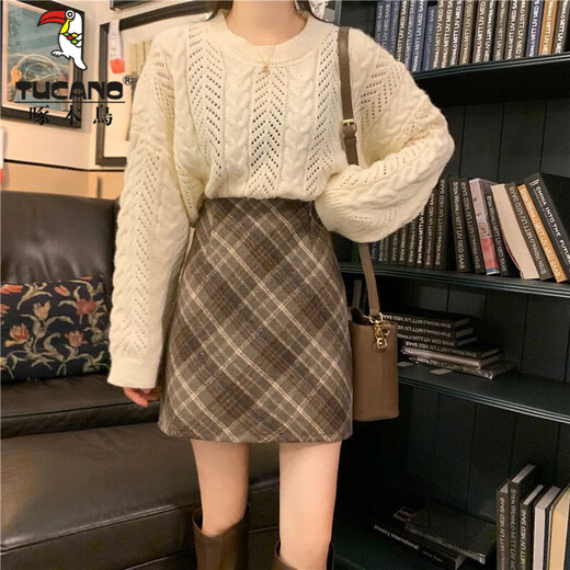 Woodpecker 2024 new autumn and winter woolen skirt college style retro high-waisted plaid skirt plaid hip-covering A-line skirt temperament brown elastic waist / inner trousers L recommended 105-120 Jin Jin equals 0.5 kg
