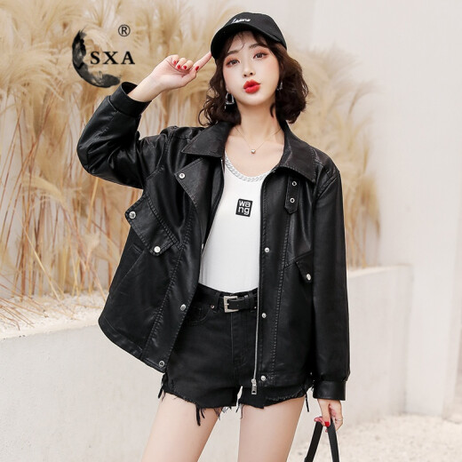 SXA Hong Kong trendy brand short leather jacket for women 2023 autumn new fashion leather jacket versatile short jacket black M