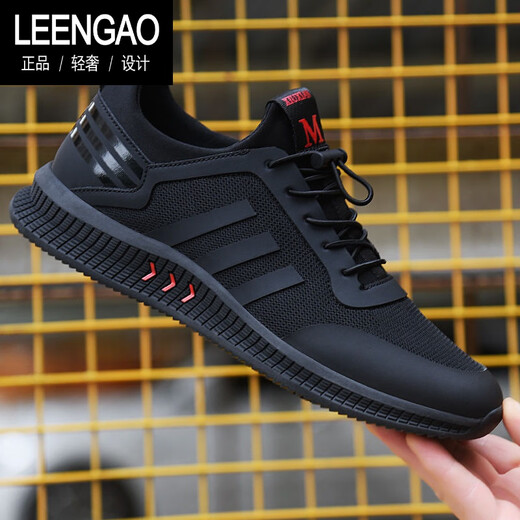 LEENGAO luxury men's shoes brand spring and summer sports shoes black mesh men's casual shoes versatile breathable soft sole running shoes all black plus fleece 9859 42 standard sports code