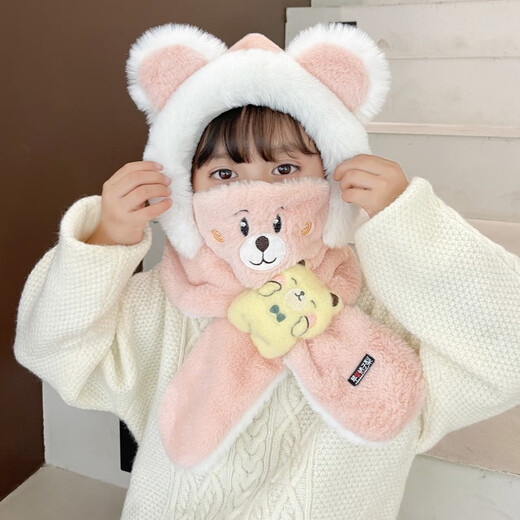 Chajin children's hat and scarf integrated windproof ear protection baby plush hat with mask winter for boys plus velvet to keep girls warm khaki bear three-piece set cute and comfortable